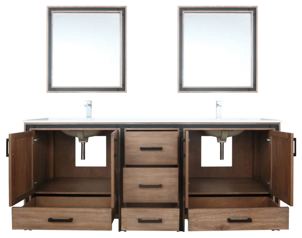 Ziva 80 Barnwood DB Vanity, Cultured Marble Top, Square Sink, 30 Mirrors, Faucet