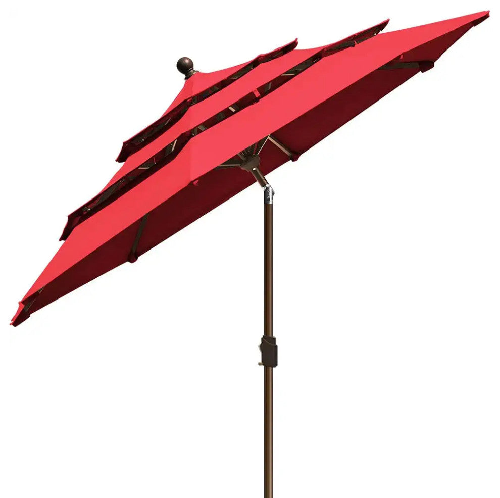 9ft Patio Umbrella with Crank Lift and Ventilated 3 Tier Design, Logo Red
