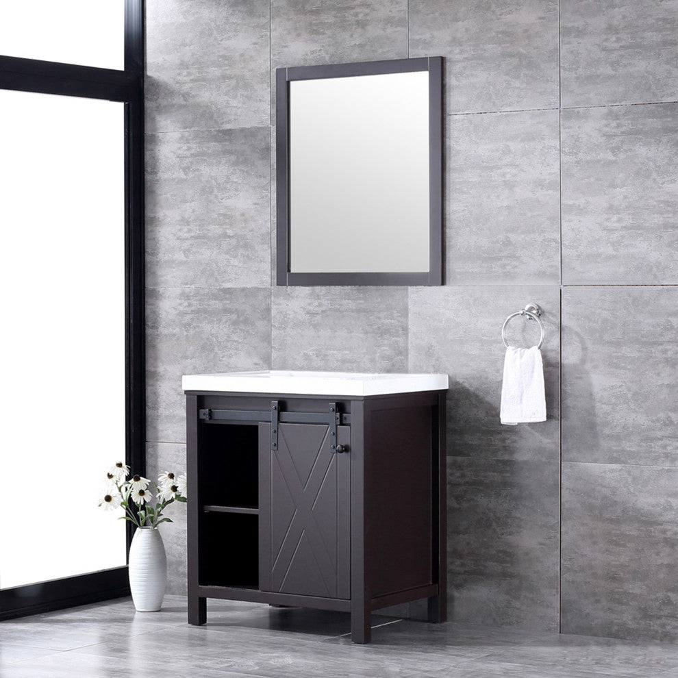 Marsyas 30" Brown Single Vanity Cabinet Quartz Top Square Sink, 28" Wall Mirror