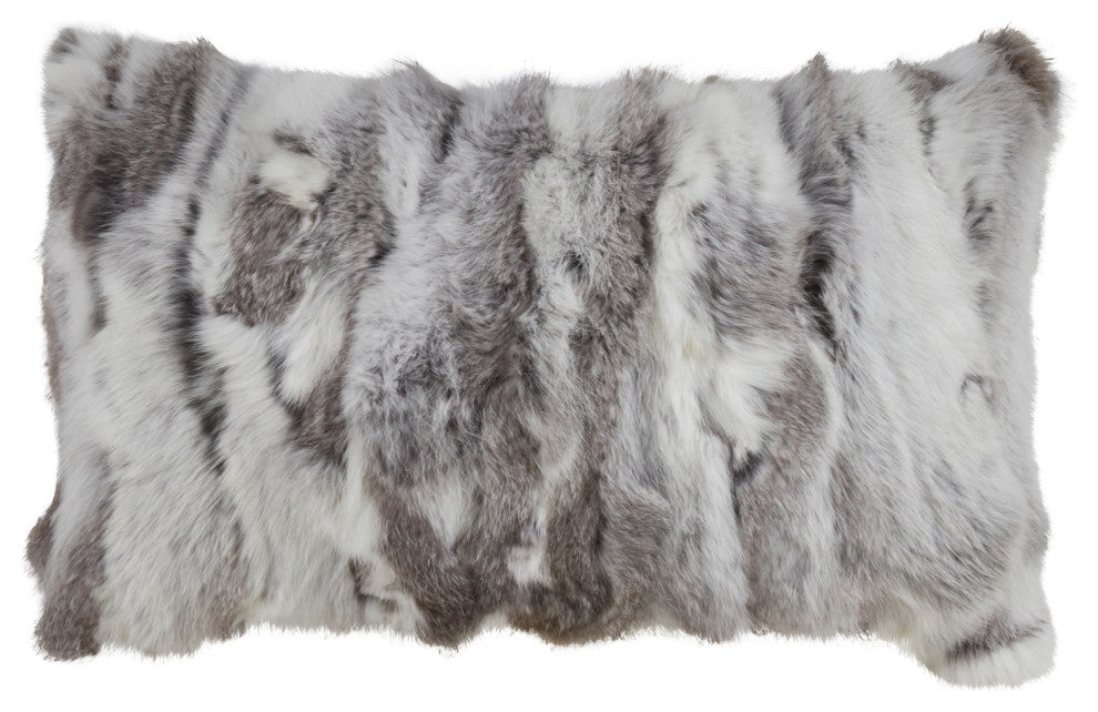 Poly Filled Rabbit Fur Throw Pillow, 12"x20", Grey