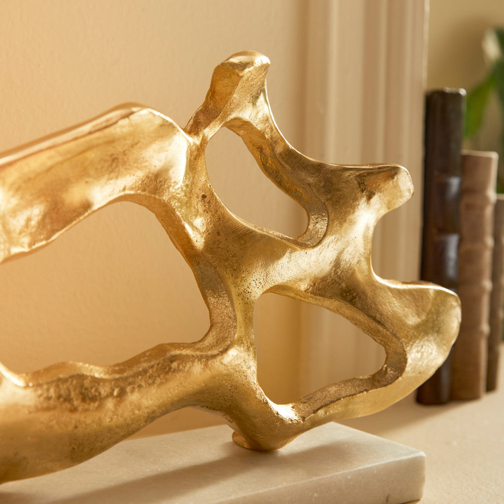 Wide Abstract Driftwood Shape Sculpture Coastal Modern White Marble Gold Metal