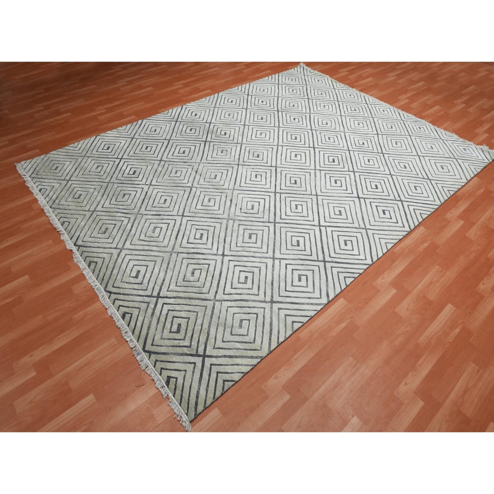 Ivory, Modern Roman Key Design, Silk With Wool Hand Knotted Rug, 9'0"x12'1"