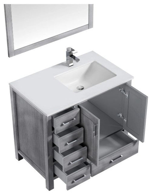 Jacques 36" Distressed Grey Single Sink Vanity with Quartz Top, Left Version, Wi