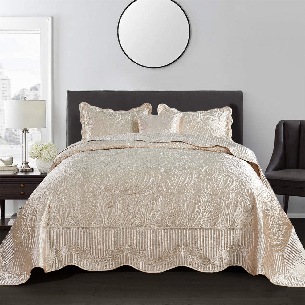 Quilted Satin 4 Piece Bed Spread Set, Champagne, Queen