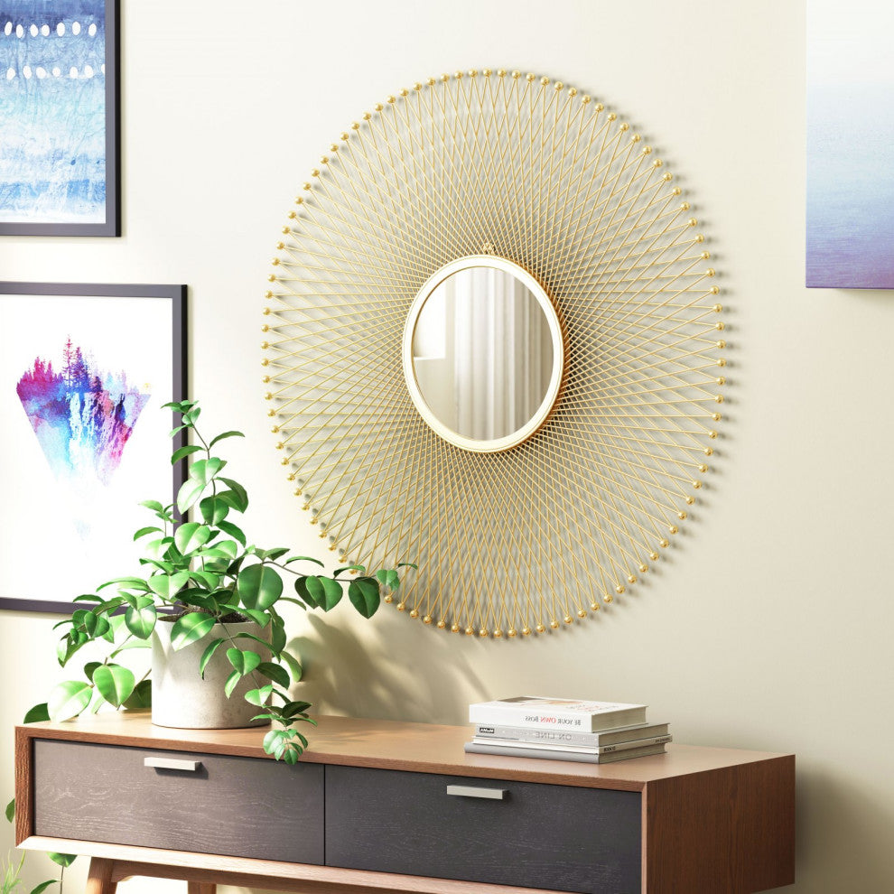 Frame Wall Mirror, Round, Aluminum, Metal, Gold, Bedroom Living