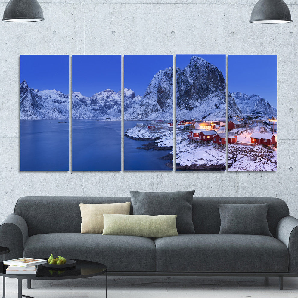 Fishermen Cabins in Winter, Modern Seashore Canvas Wall Art, 60"x28", 5 Panels