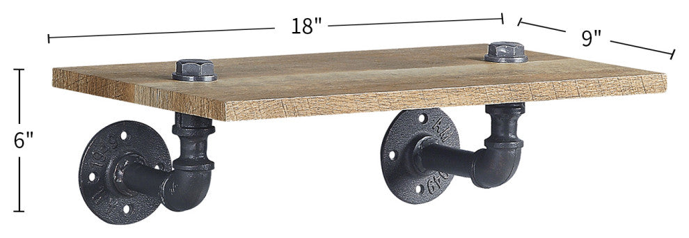 1 Tier Oak Wood Floating Shelf With Metal Tube, Sandy Black