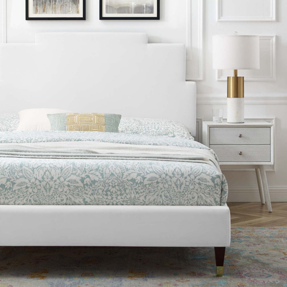 Platform Bed Frame, Full Size, Velvet, White, Modern Contemporary, Bedroom