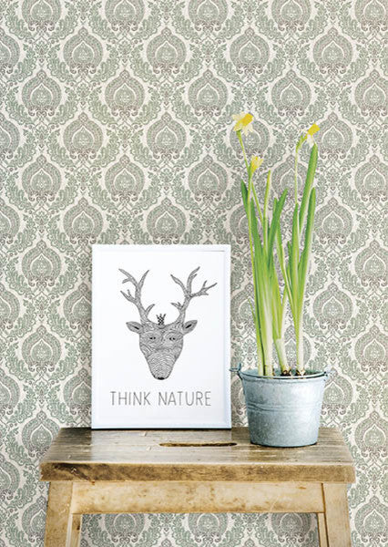 Contemporary Damask Wallpaper, Teal and Umber, Sample