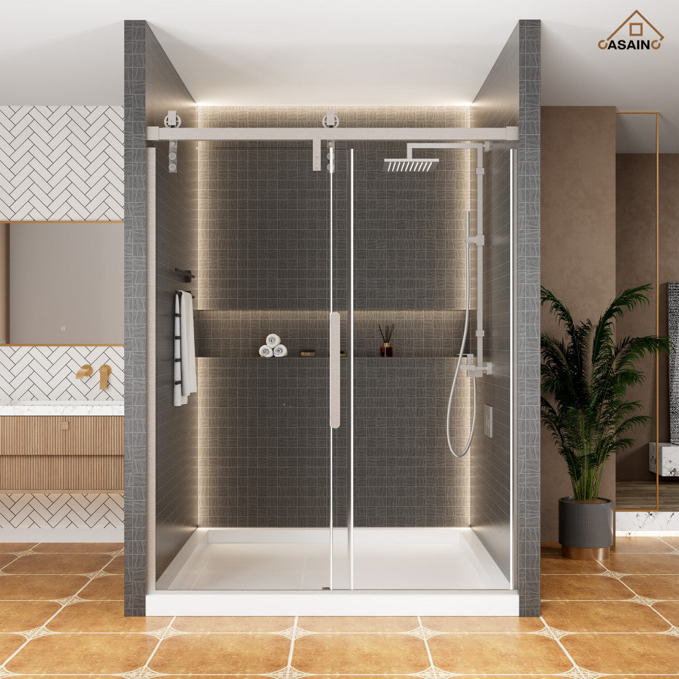 59-in to 60-in x 76-in Frameless Sliding Shower Door, Brushed Nickel