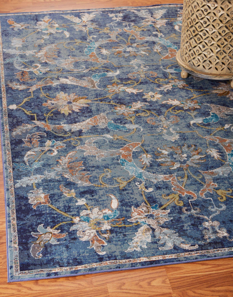 8' x 10' Blue and White Jacobean Pattern Area Rug
