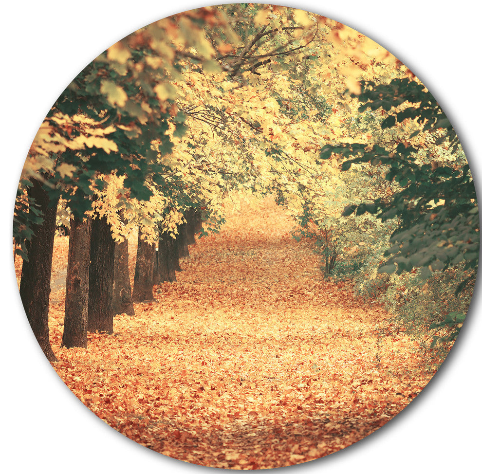 Autumn Forest With Walking Path, Modern Forest Disc Metal Wall Art, 36"