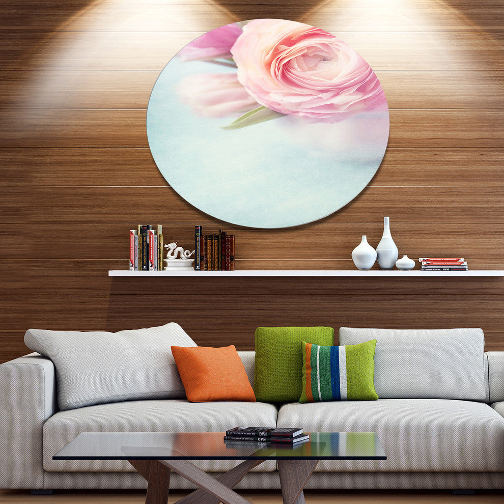 Full Bloom Pink Flowers In Vase, Floral Disc Metal Wall Art, 36"