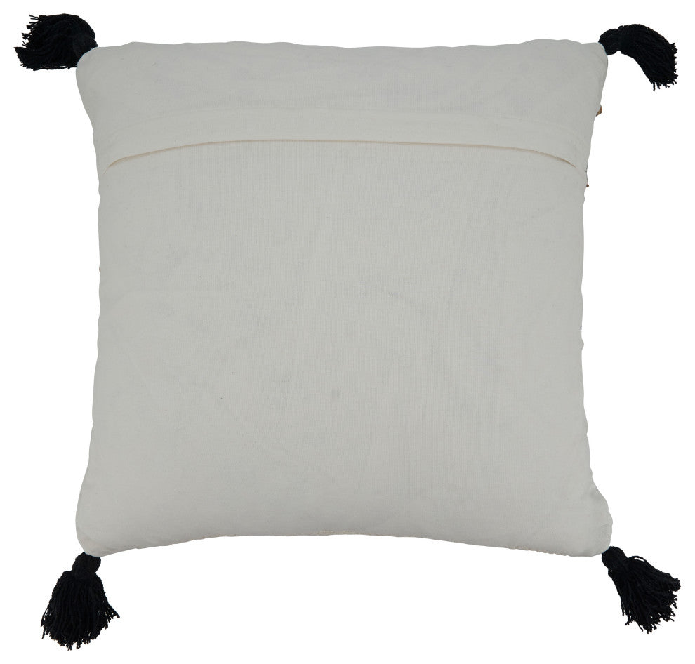 Striped Pillow With Tassel Corners Design, Black/White, 20", Poly Filled