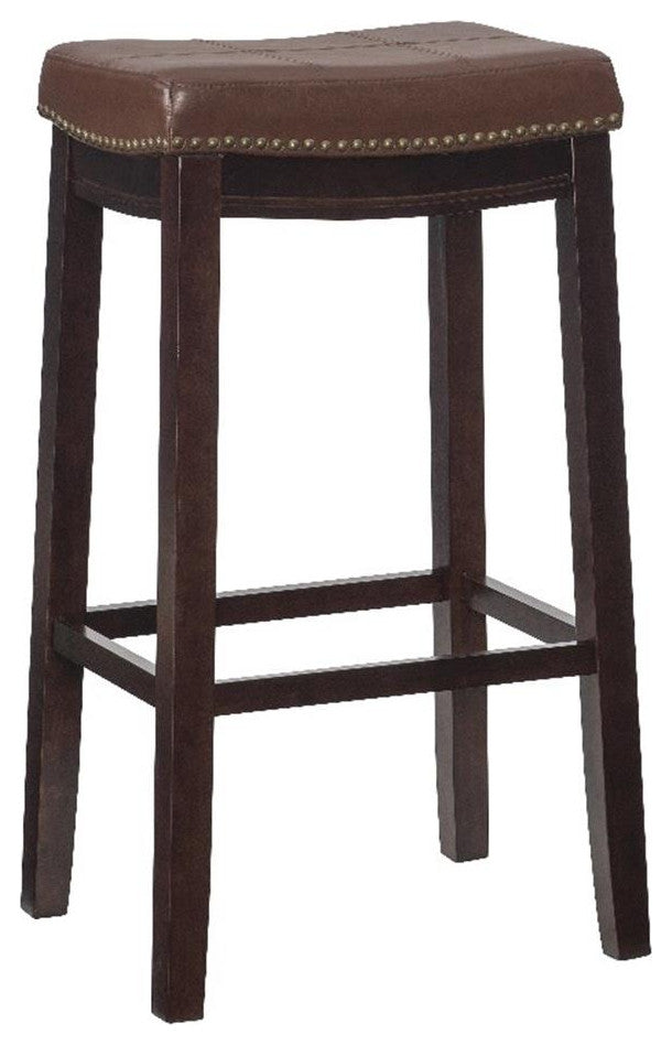 Linon Claridge Backless Bar Stool Cognac Faux Leather Wood Frame in Espresso