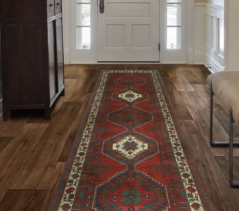 Fine Vintage Distressed Ananda Red/Ivory Runner, 3'4x10'10