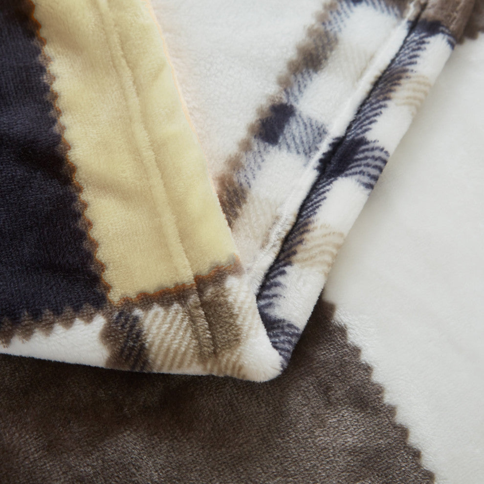 Plaid Buttermilk Yellow Brown Patchwork Plush Fleece Throw Blanket, 63"