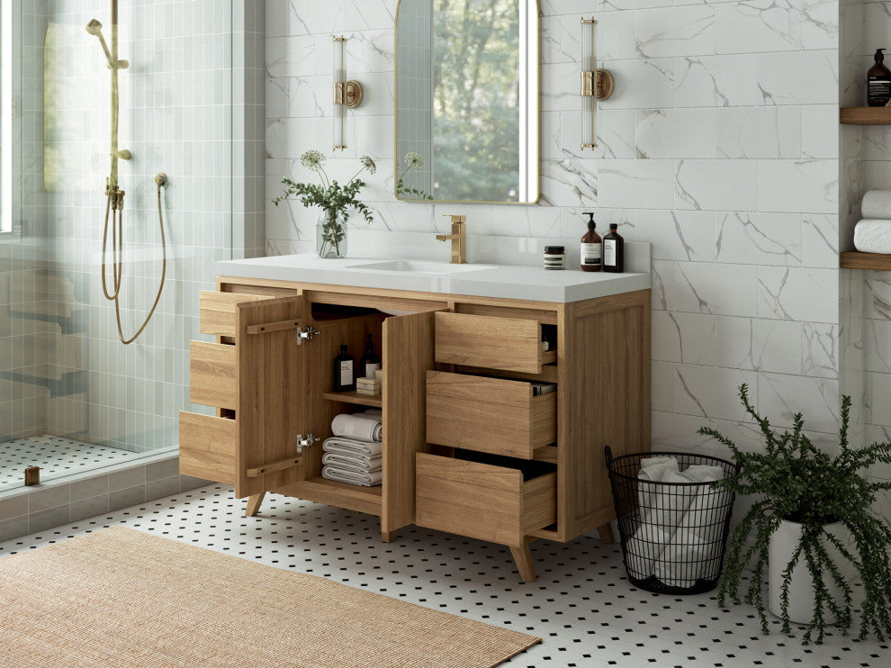 Madison Teak 60 Single Bathroom Vanity in Light Natural 2" White Quartz