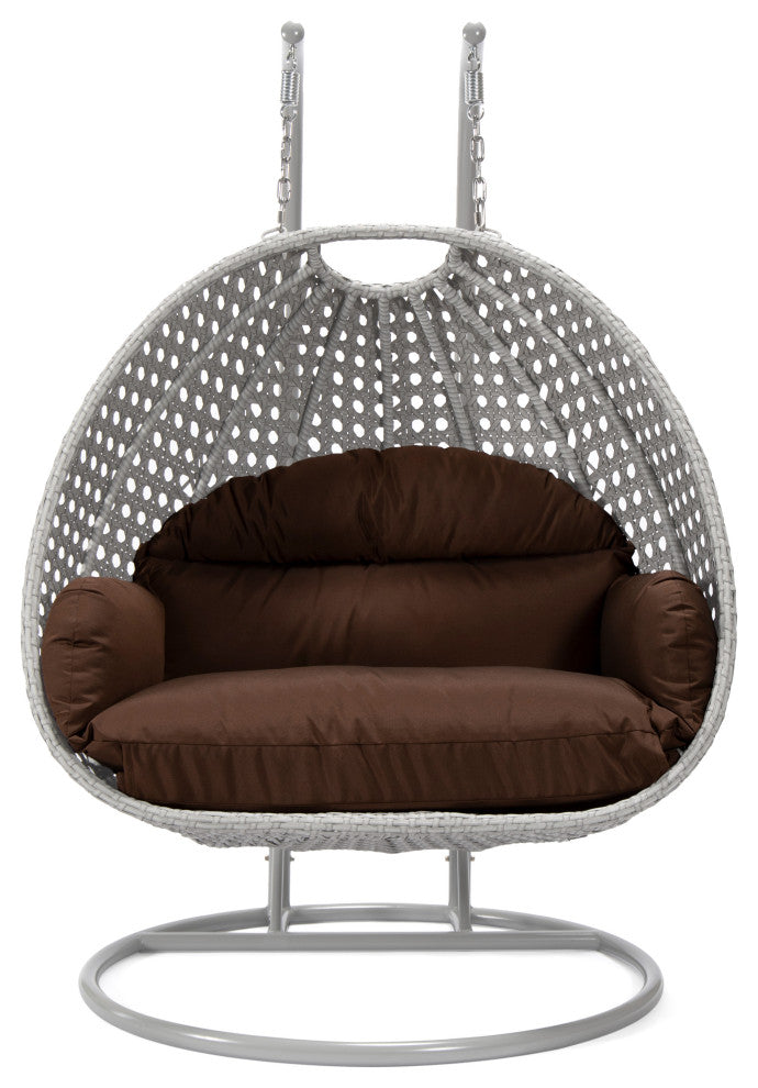 LeisureMod Mendoza Light Gray Wicker Hanging Double Egg Swing Chair, Brown