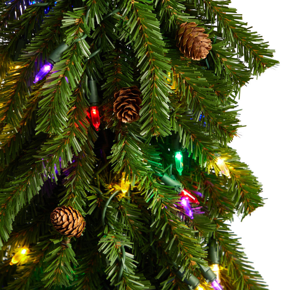 3' Faux Xmas Tree With Pinecones and 50 Multicolored Lights Set, a Burlap Base