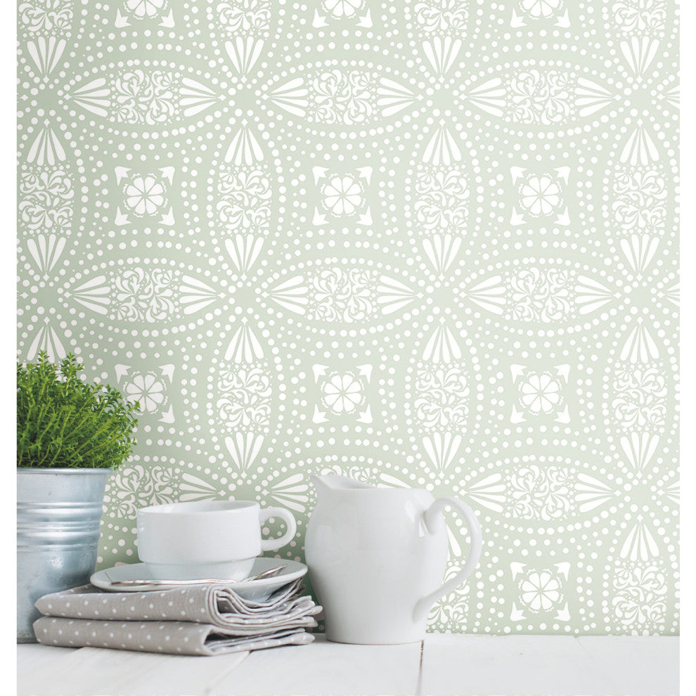 Green and White Overlapping Medallions Peel and Stick Wallpaper