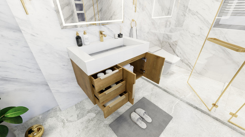 Madison 36" Wall Mounted Vanity With Reinforced Acrylic Sink, Oak