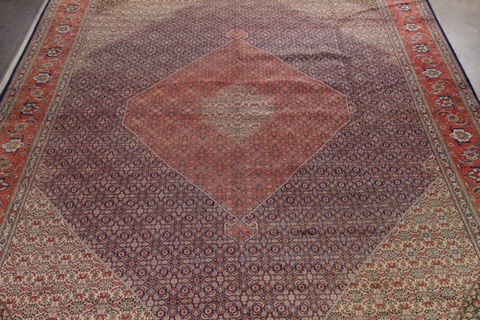 Consigned, Oriental Bordered Hand-Knotted Antique Persian Area Rug, Blue, 13X19