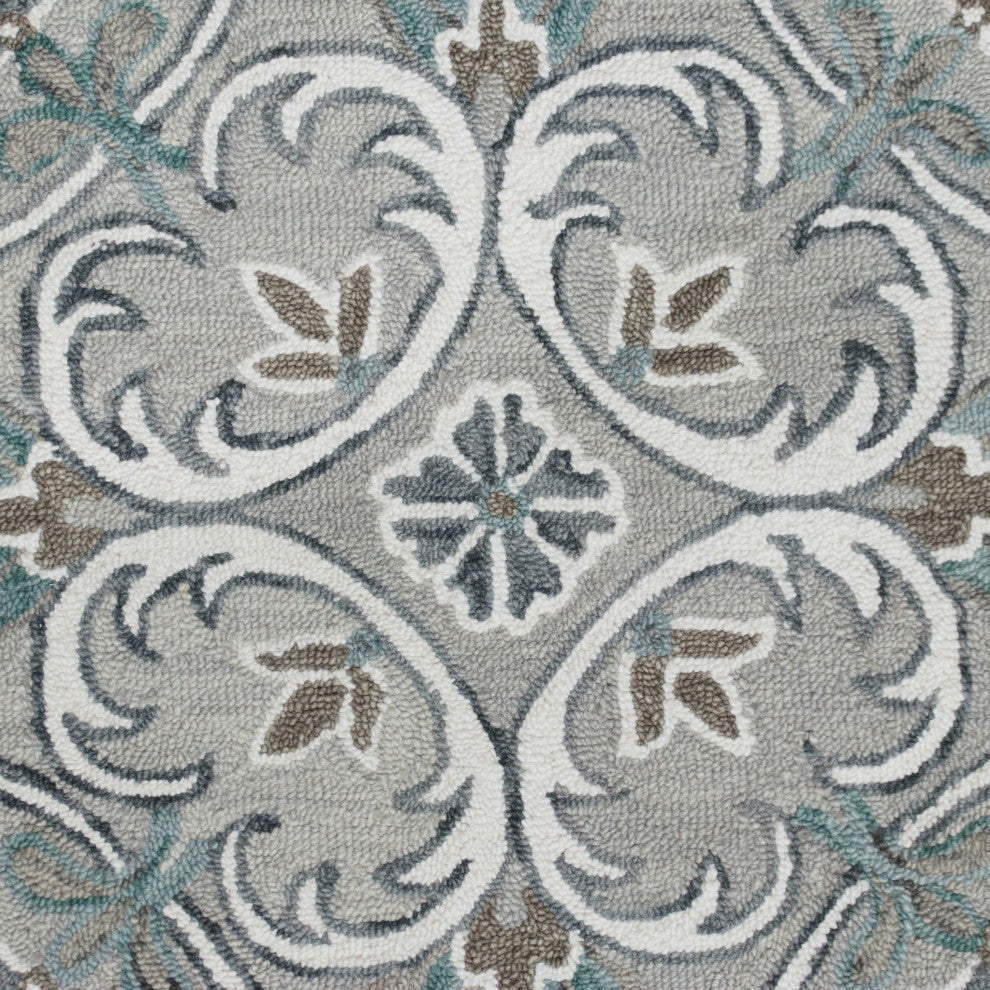 4" Round Gray and White Filigree Area Rug