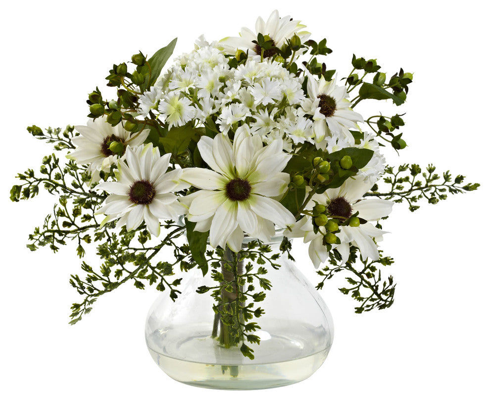 Mixed Daisy Floral Arrangement With Vase, White