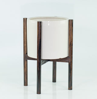 Large Ceramic Cylinder Planter 10" White With Plant Stand Dark Walnut