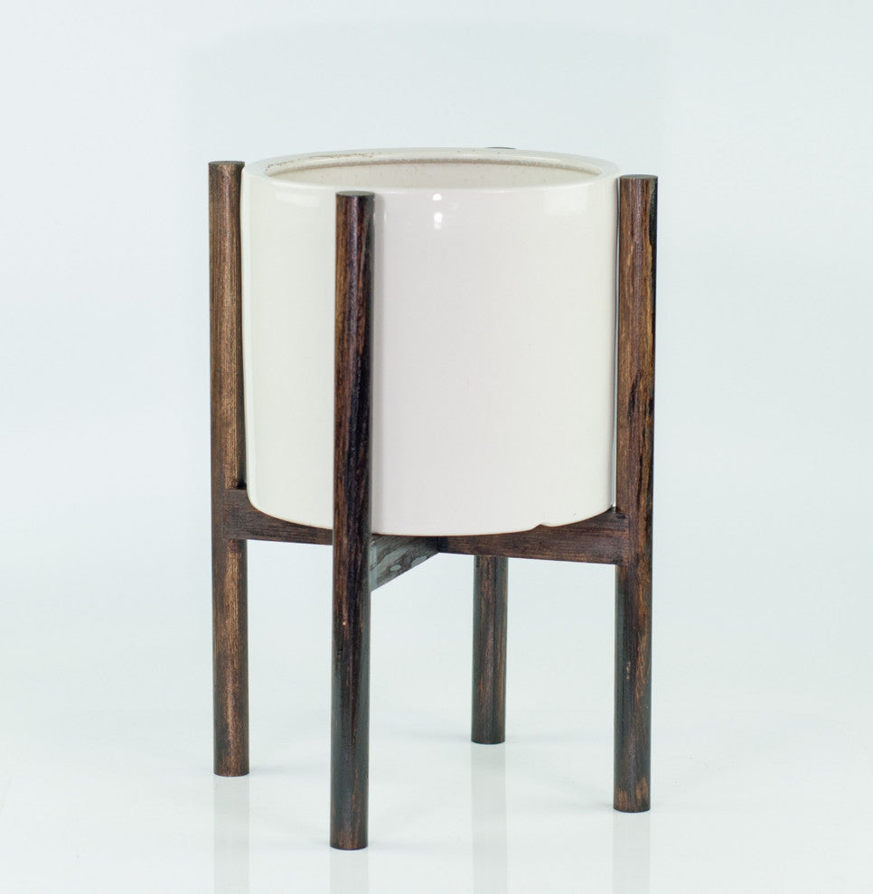 Large Ceramic Cylinder Planter 10" White With Plant Stand Dark Walnut