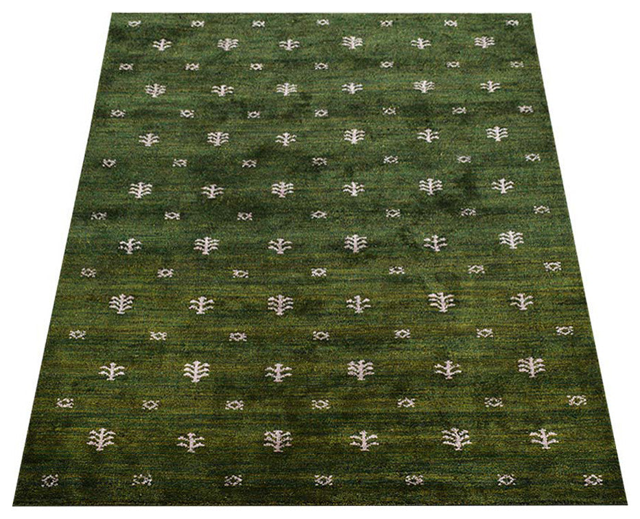 HAND KNOTTED LOOM SILK ECO-FRIENDLY RUG-10'x13',Rectangle,Green White,Contempora