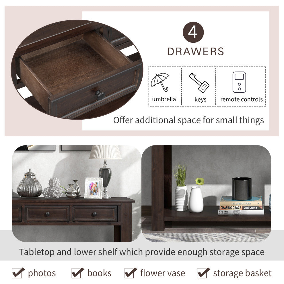 TATEUS 63" Console Table Hallway Sofa Table With Storage Drawers Bottom Shelf, Espresso
