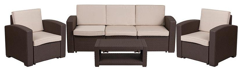 4 Piece Outdoor Faux Rattan Chair, Sofa and Table Set in Chocolate Brown