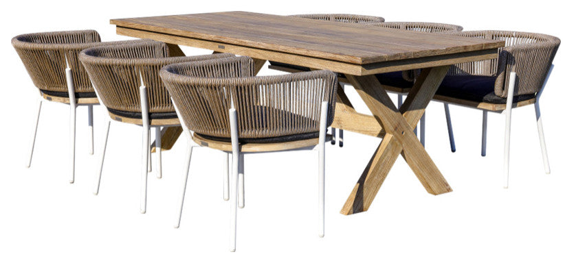 Santino + Melina 7-Piece Outdoor Dining Set, 6 Rope Backing Chairs, White Legs