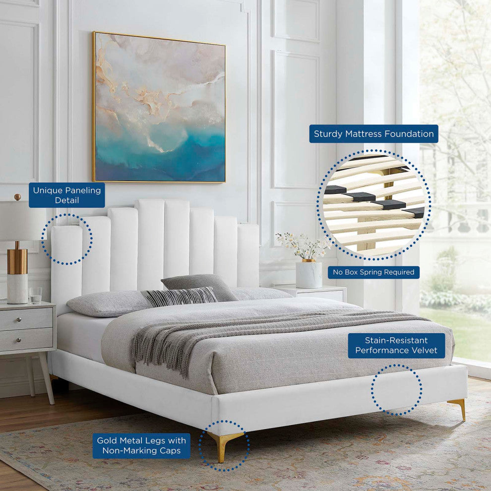 Platform Bed Frame, King Size, Velvet, White, Modern Contemporary, Bedroom