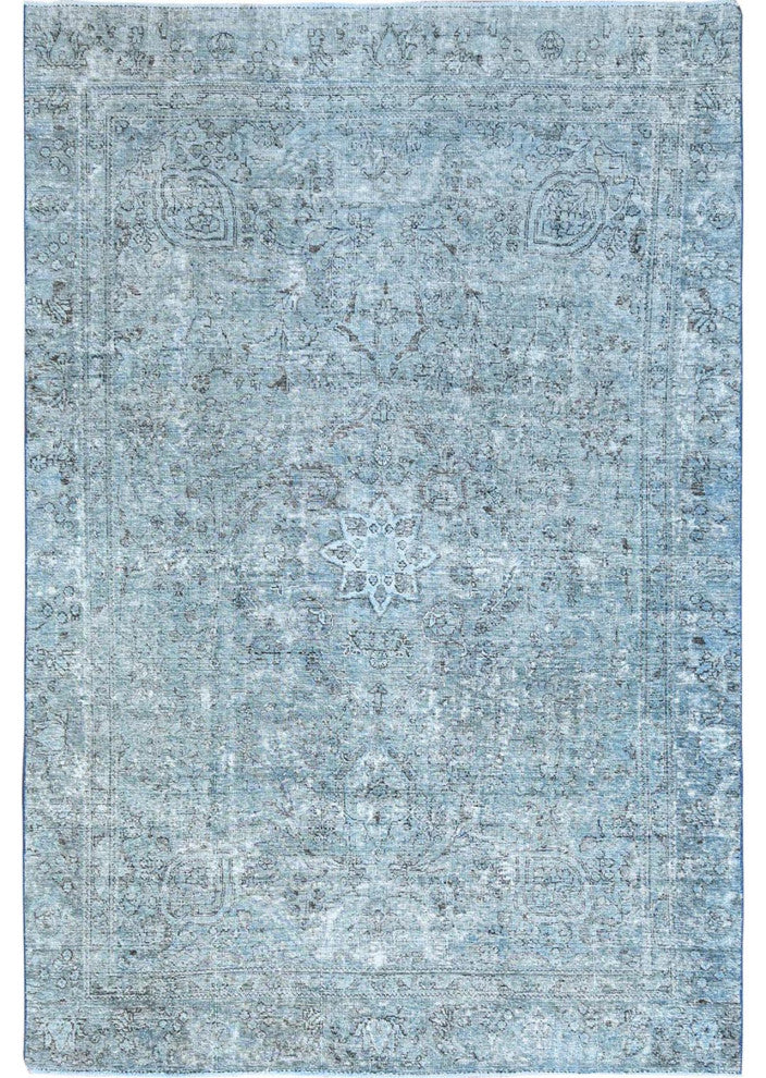 Medium Turquoise Pure Wool Hand Knotted Vintage Persian Tabriz Rug 7'1"x10'7"