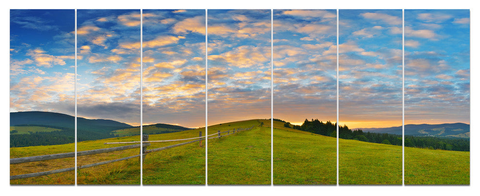 Green Evening Countryside, Landscape Canvas Art Print, 83"x32", 7 Panels