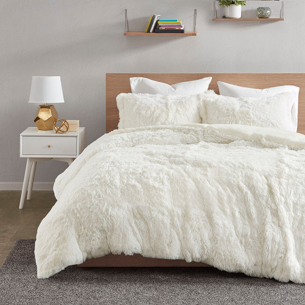 Intelligent Design Malea Shaggy Fur Duvet Cover Set, Ivory