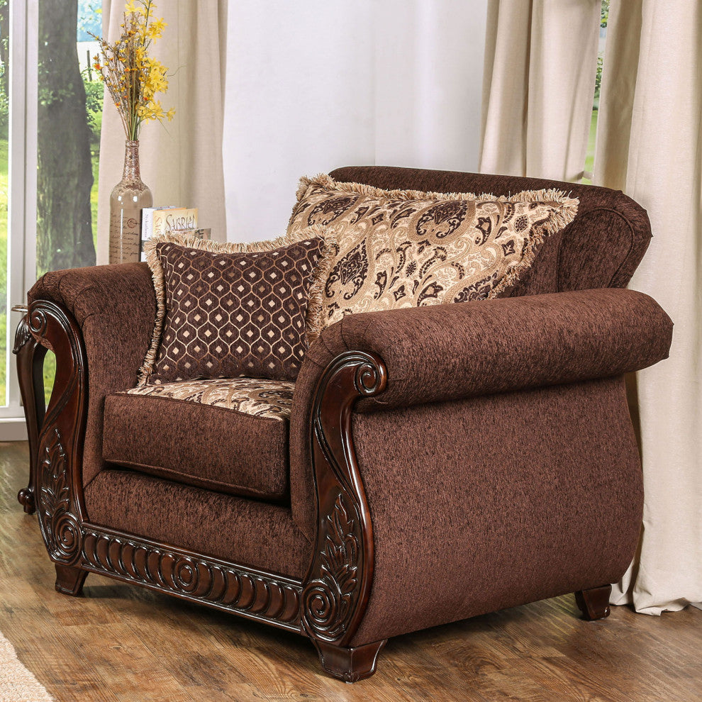 Fabric Upholstered Chair with Rolled Arms Design, Brown, Gold