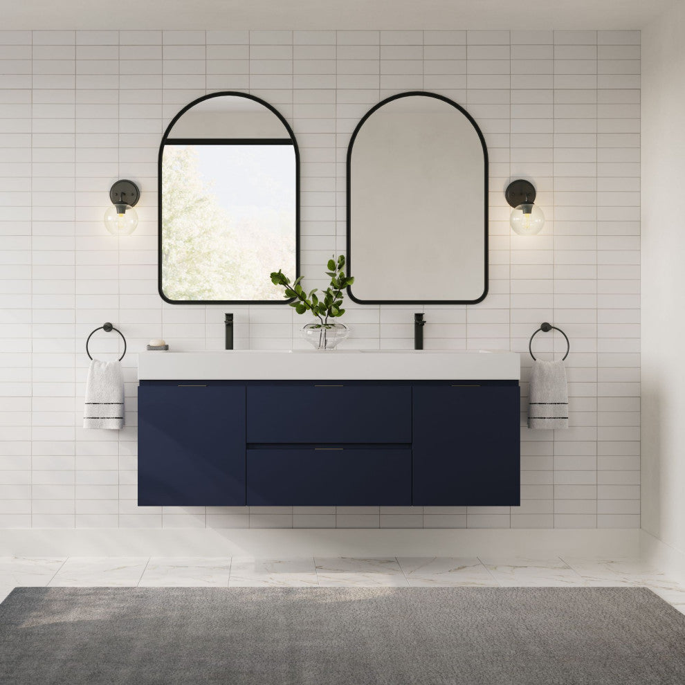 Boutique Bath Vanity, Blue, 60", Double Sink, Wall Mount