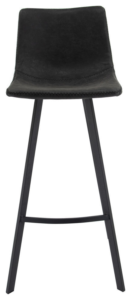 LeisureMod Elland Modern Leather Bar Stool Iron Legs Set of 2, Charcoal Black