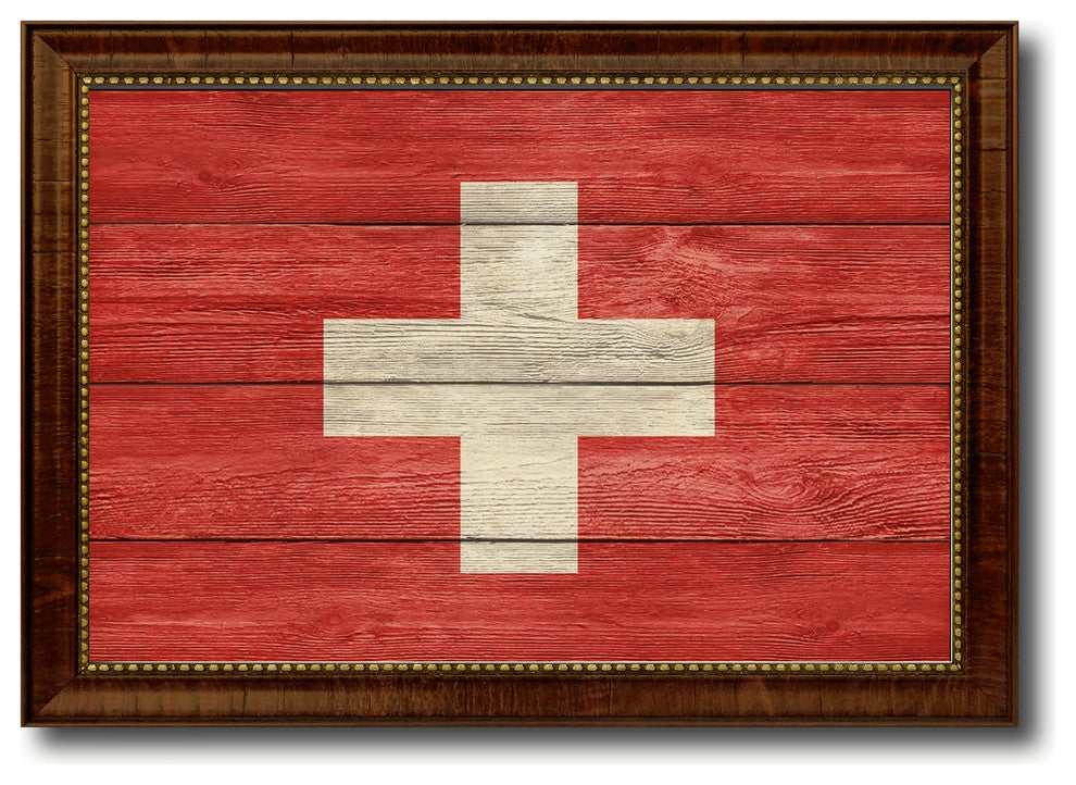 Switzerland Country Textured Flag Print With Brown Gold Frame, 19"X27"