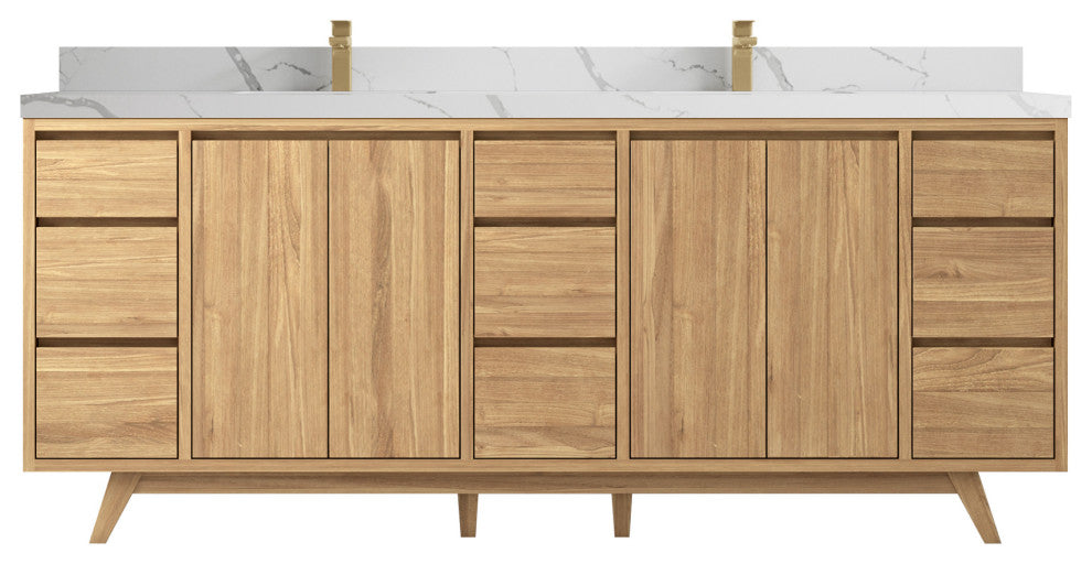 Madison Teak 84 Double Sink Bath Vanity in Light Natural 2" Calacatta Laza