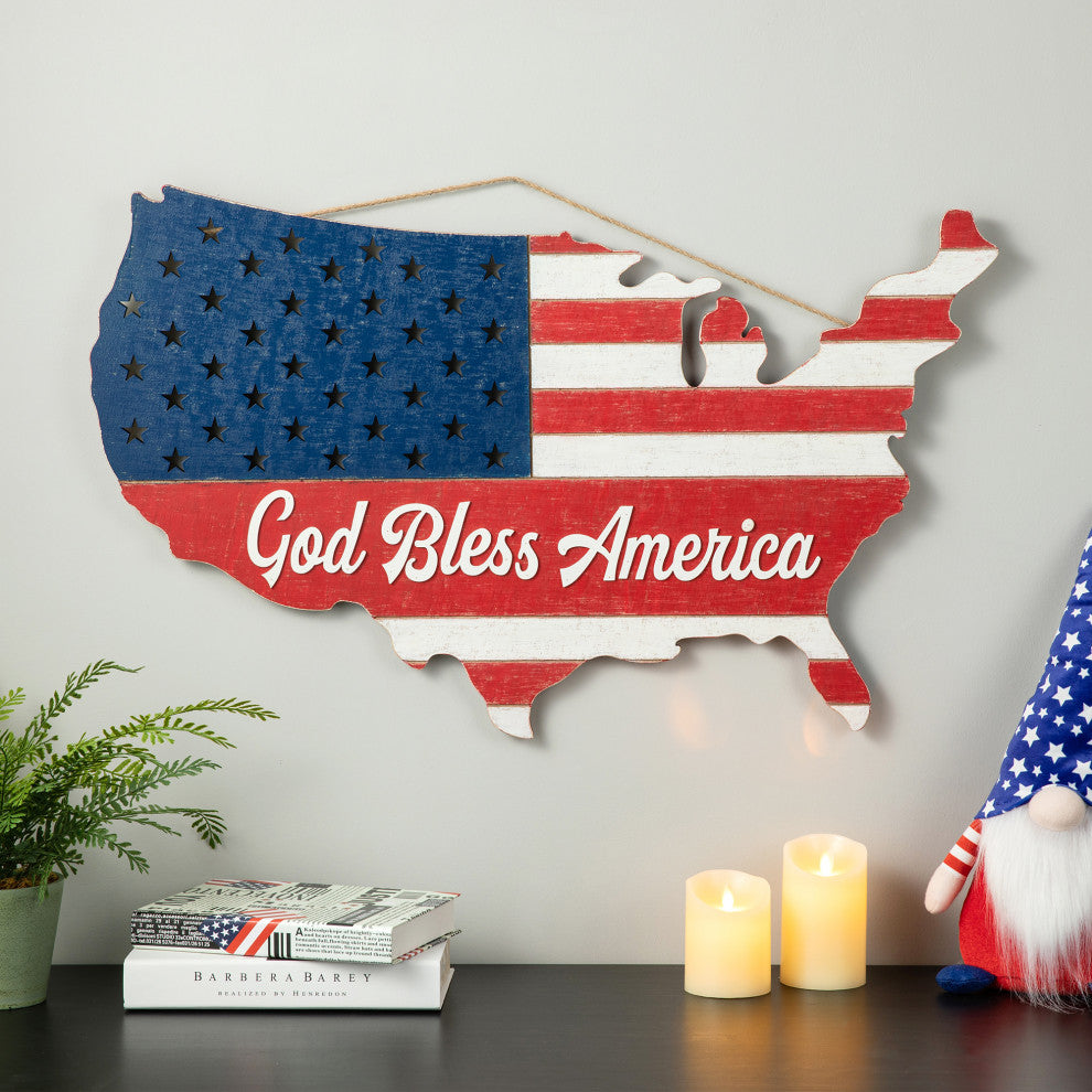 32.25"L Wooden Patriotic America Map Wall Decor