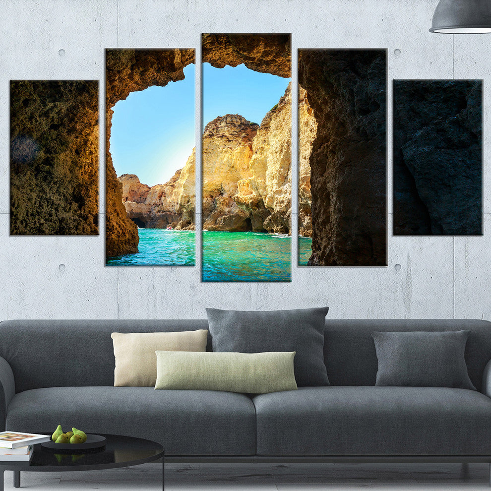 "Sea Through Rocky Cave Portugal" Seashore Wall Art, 60"x32", 5-Panels