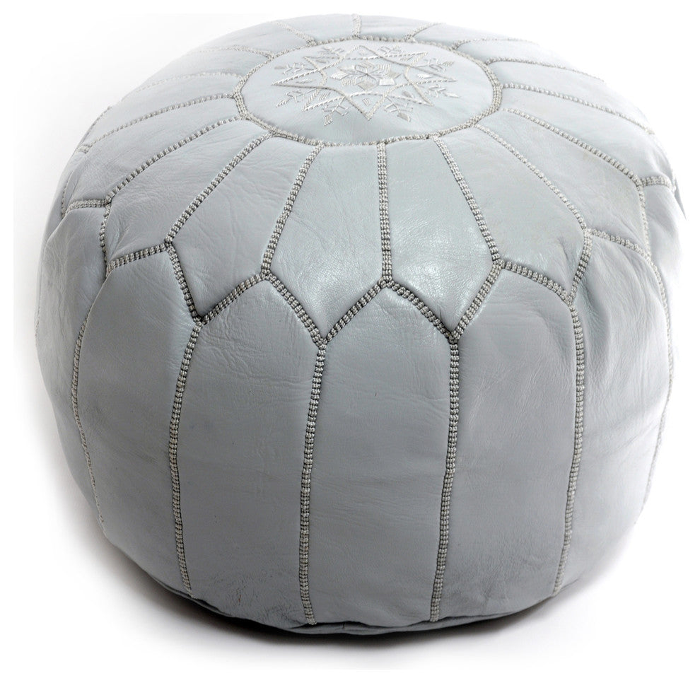 Moroccan Leather Pouf, Gray