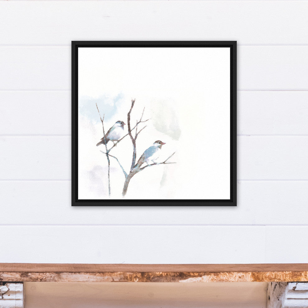 Watercolor Birds on a Branch Blue 20x20 Black Floating Framed Canvas