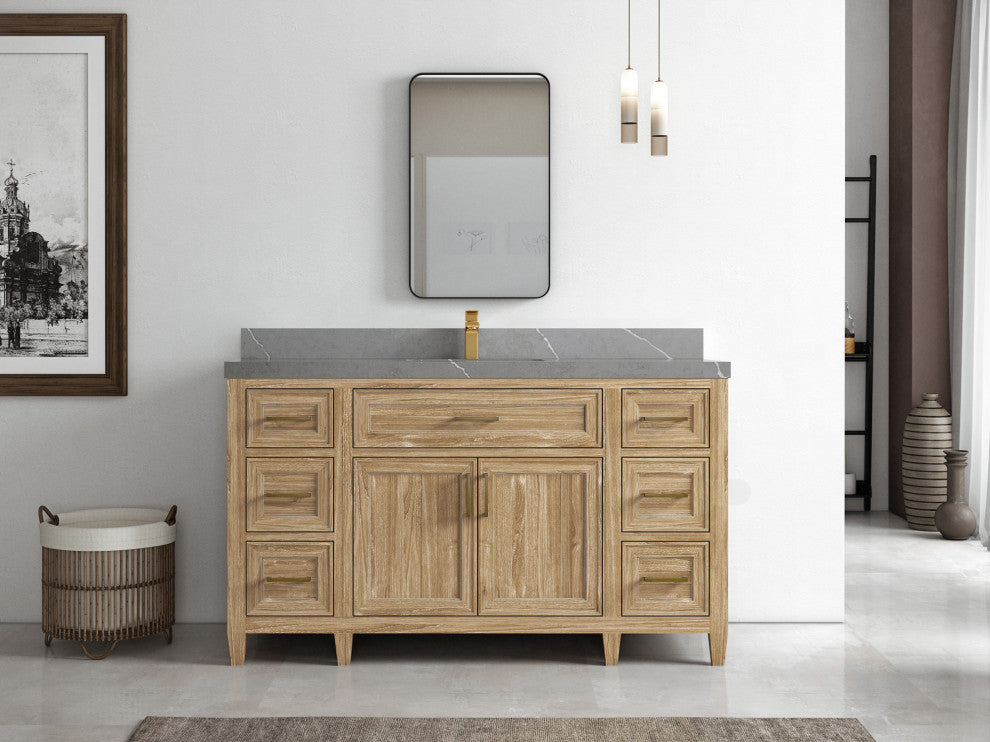 Santa Monica 60 Single Sink Bathroom Vanity in Whitewashed Teak 2" Piatra Gray
