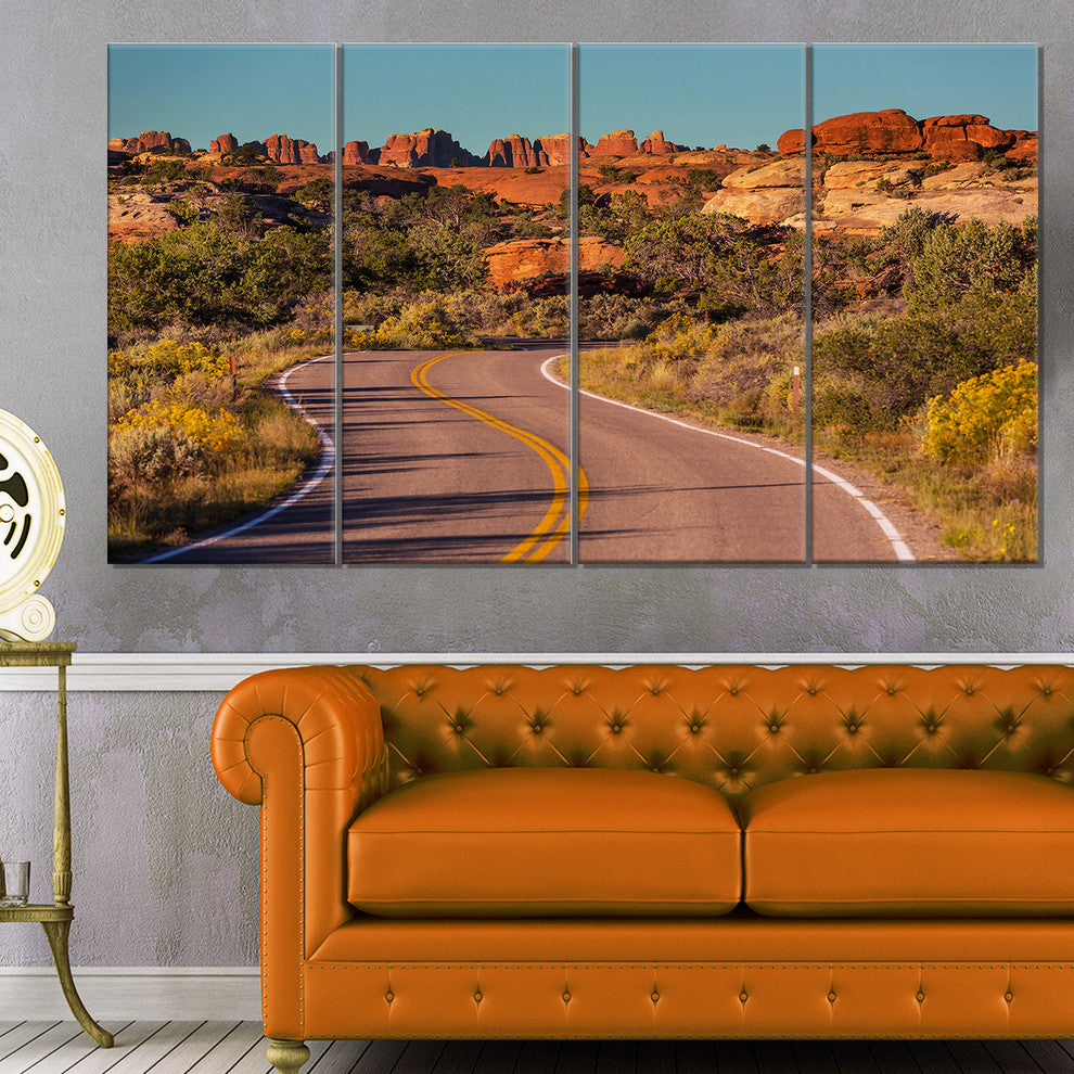 Road in Rocky American Prairie, Landscape Canvas Art Print, 48"x28", 4 Panels
